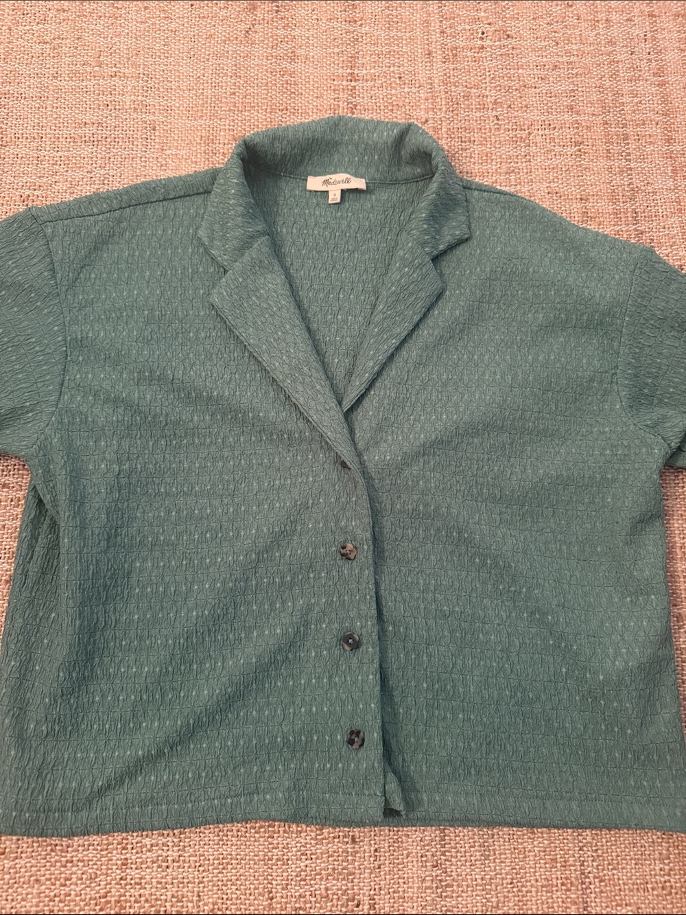 Madewell green crinkle knit button down shirt Small